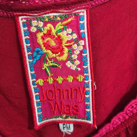 Johnny Was Tasho Georgette Top PM Petite M Dolman Dark Pink/Red Eyelet Lace - Picture 7 of 9